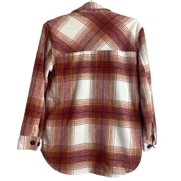 Thread & Supply brown cream plaid button down shacket lined mid weight overcoat - Picture 2 of 4